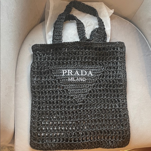 Prada Handbags - Prada LIKE STRAW BAG Black Crochet Milano Tote